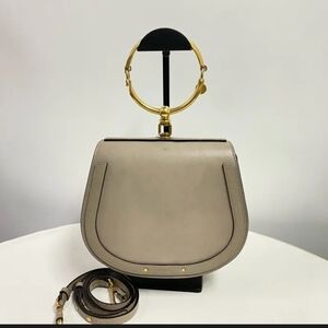 Elegant Chloe Nile Taupe Saddle Crossbody Bag with Gold Ring Handle